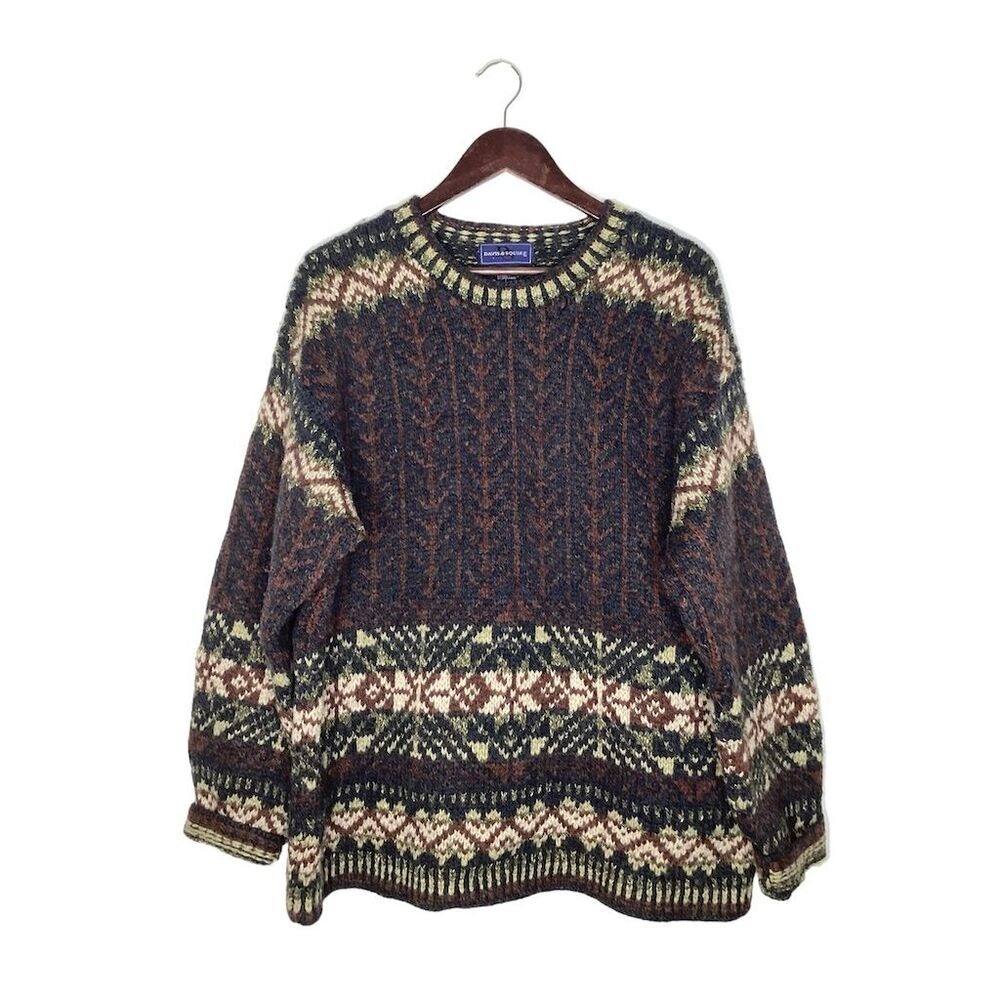 Davis & Squire Men's Fair Isle Wool Blend Sweater Brown Green Cream Knit Size L